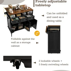 Îlot de Cuisine Mobile avec Plan de Travail et Séparateurs Amovibles - MDF et Métal - Noir - 118x43-80x98 cm