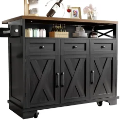 Îlot de Cuisine Mobile avec Plan de Travail et Séparateurs Amovibles - MDF et Métal - Noir - 118x43-80x98 cm