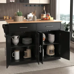 Îlot de Cuisine Mobile avec Plan de Travail Rabattable, 2 Tiroirs, Étagère, Pieds en Bois Interchangeables, Noir, 120x46-70x91 cm