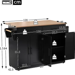 Îlot de Cuisine Mobile avec Plan de Travail Rabattable, 2 Tiroirs, Étagère, Pieds en Bois Interchangeables, Noir, 120x46-70x91 cm
