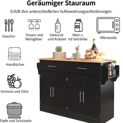 Îlot de Cuisine Mobile avec Plan de Travail Rabattable, 2 Tiroirs, Étagère, Pieds en Bois Interchangeables, Noir, 120x46-70x91 cm