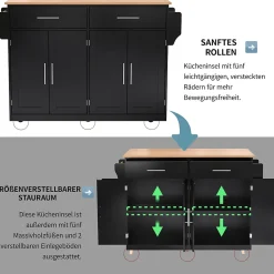 Îlot de Cuisine Mobile avec Plan de Travail Rabattable, 2 Tiroirs, Étagère, Pieds en Bois Interchangeables, Noir, 120x46-70x91 cm