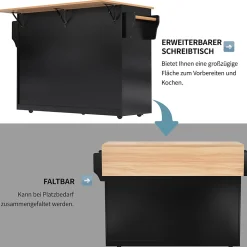Îlot de Cuisine Mobile avec Plan de Travail Rabattable, 2 Tiroirs, Étagère, Pieds en Bois Interchangeables, Noir, 120x46-70x91 cm