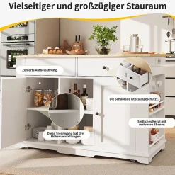 Îlot de Cuisine Mobile avec Plan de Travail, Prise Intégrée et Rangement Multifonction - MDF et Métal - Blanc 151,5x84,7x91,7 cm