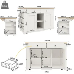 Îlot de Cuisine Mobile avec Plan de Travail, Prise Intégrée et Rangement Multifonction - MDF et Métal - Blanc 151,5x84,7x91,7 cm