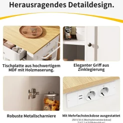 Îlot de Cuisine Mobile avec Plan de Travail, Prise Intégrée et Rangement Multifonction - MDF et Métal - Blanc 151,5x84,7x91,7 cm