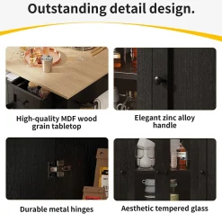 Îlot de Cuisine Mobile avec Plan de Travail, Portes en Verre et Séparateurs Amovibles - MDF et Métal - Noir 151,5x60-85x91,7 cm