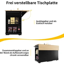 Îlot de Cuisine Mobile avec Plan de Travail, Portes en Verre et Séparateurs Amovibles - MDF et Métal - Noir 151,5x60-85x91,7 cm