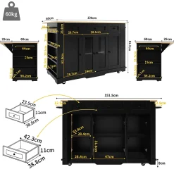 Îlot de Cuisine Mobile avec Plan de Travail, Portes en Verre et Séparateurs Amovibles - MDF et Métal - Noir 151,5x60-85x91,7 cm