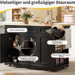 Îlot de Cuisine Mobile avec Plan de Travail, Portes en Verre et Séparateurs Amovibles - MDF et Métal - Noir 151,5x60-85x91,7 cm