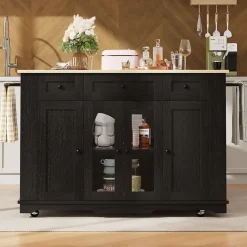 Îlot de Cuisine Mobile avec Plan de Travail, Portes en Verre et Séparateurs Amovibles - MDF et Métal - Noir 151,5x60-85x91,7 cm