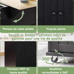 Îlot de Cuisine Mobile avec Table Pliante et Rangements, desserte de Cuisine avec Tiroirs et Portes - Noir - 137x45-70x89,5 cm