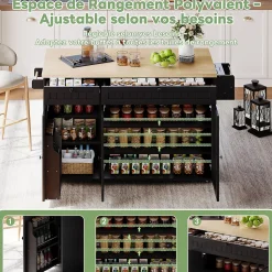 Îlot de Cuisine Mobile avec Table Pliante et Rangements, desserte de Cuisine avec Tiroirs et Portes - Noir - 137x45-70x89,5 cm