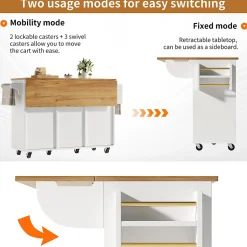 Îlot de cuisine mobile avec porte-serviettes, étagère à épices et étagères ajustables, MDF, 147x70x90 cm blanc