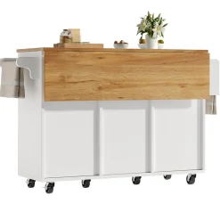 Îlot de cuisine mobile avec porte-serviettes, étagère à épices et étagères ajustables, MDF, 147x70x90 cm blanc