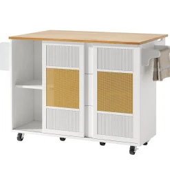 Îlot de cuisine mobile avec porte-serviettes, étagère à épices et étagères ajustables, MDF, 147x70x90 cm blanc