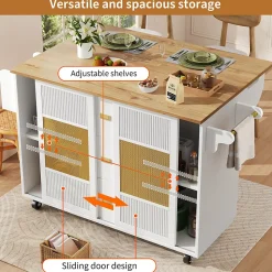Îlot de cuisine mobile avec porte-serviettes, étagère à épices et étagères ajustables, MDF, 147x70x90 cm blanc