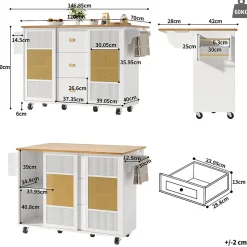 Îlot de cuisine mobile avec porte-serviettes, étagère à épices et étagères ajustables, MDF, 147x70x90 cm blanc