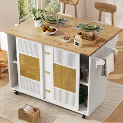 Îlot de cuisine mobile avec porte-serviettes, étagère à épices et étagères ajustables, MDF, 147x70x90 cm blanc