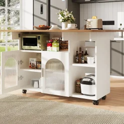 lot de Cuisine Mobile avec Roulettes, Plan Effet Bois et Rangement Multifonction - MDF, Métal et Verre - Blanc 120x70-30x79,5 cm