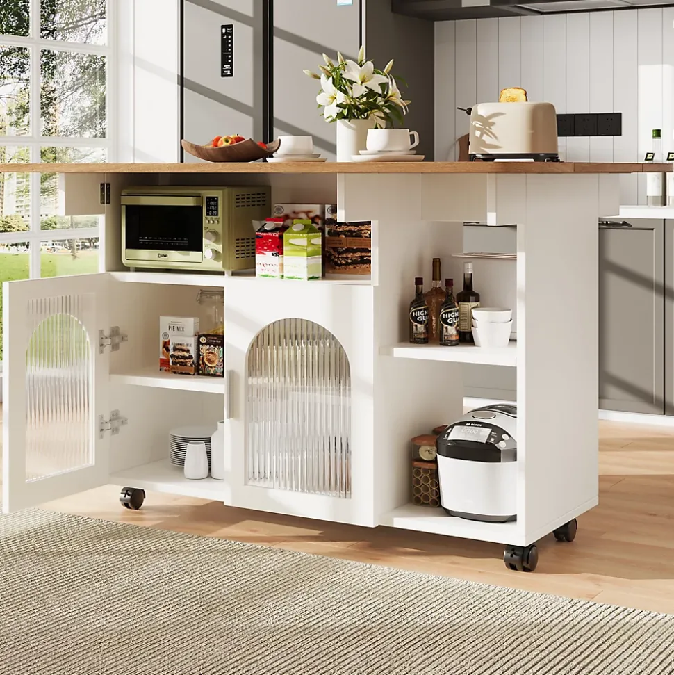 lot de Cuisine Mobile avec Roulettes, Plan Effet Bois et Rangement Multifonction - MDF, Métal et Verre - Blanc 120x70-30x79,5 cm