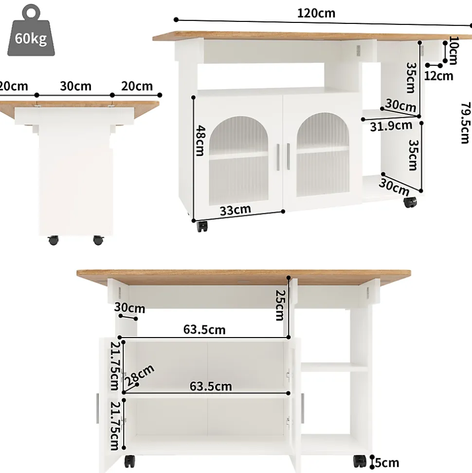 lot de Cuisine Mobile avec Roulettes, Plan Effet Bois et Rangement Multifonction - MDF, Métal et Verre - Blanc 120x70-30x79,5 cm