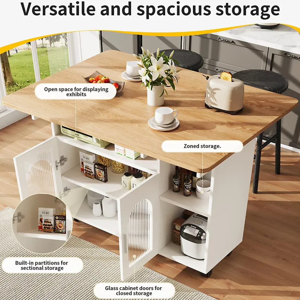 lot de Cuisine Mobile avec Roulettes, Plan Effet Bois et Rangement Multifonction - MDF, Métal et Verre - Blanc 120x70-30x79,5 cm