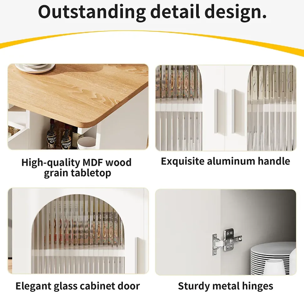 lot de Cuisine Mobile avec Roulettes, Plan Effet Bois et Rangement Multifonction - MDF, Métal et Verre - Blanc 120x70-30x79,5 cm