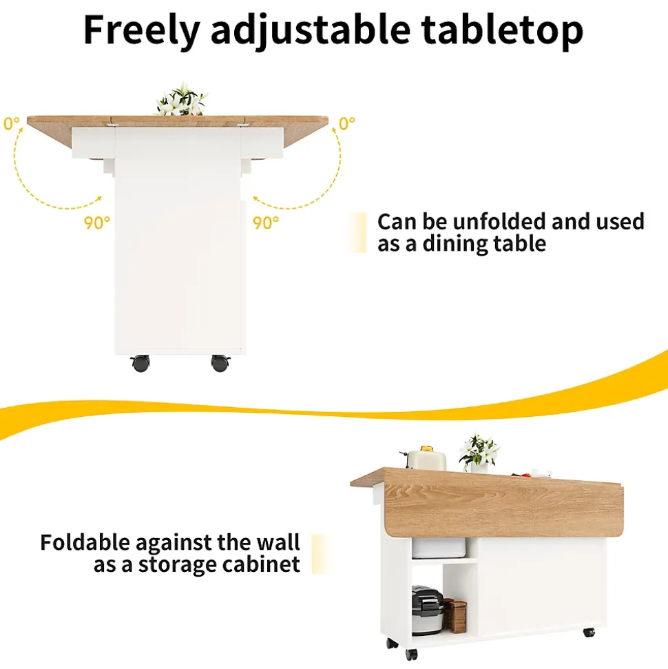 lot de Cuisine Mobile avec Roulettes, Plan Effet Bois et Rangement Multifonction - MDF, Métal et Verre - Blanc 120x70-30x79,5 cm