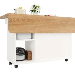 lot de Cuisine Mobile avec Roulettes, Plan Effet Bois et Rangement Multifonction - MDF, Métal et Verre - Blanc 120x70-30x79,5 cm