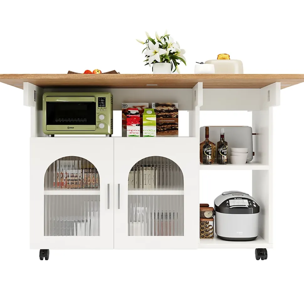 lot de Cuisine Mobile avec Roulettes, Plan Effet Bois et Rangement Multifonction - MDF, Métal et Verre - Blanc 120x70-30x79,5 cm