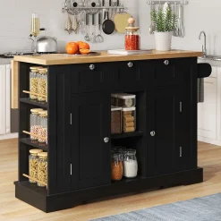 Îlot de Cuisine Mobile avec Table Pliante et Prise Intégrée, desserte avec Tiroir et Étagères - Noir - 132x40-70x87 cm