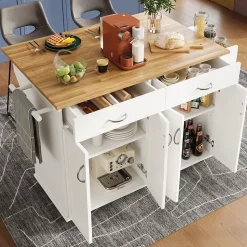 Îlot de Cuisine Mobile avec Plan de Travail et Espace de Rangement, design Compact - Métal + MDF - Blanc - 128x50-78x90,5 cm