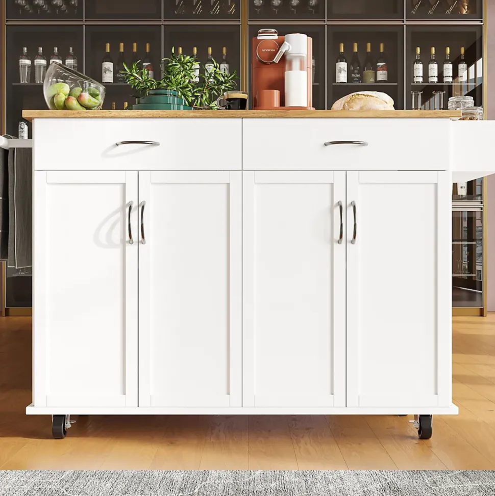 Îlot de Cuisine Mobile avec Plan de Travail et Espace de Rangement, design Compact - Métal + MDF - Blanc - 128x50-78x90,5 cm