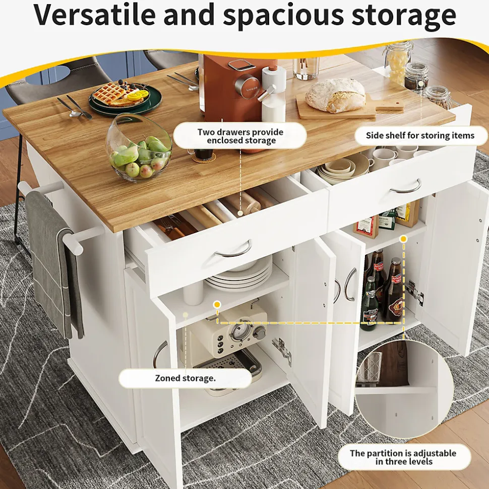 Îlot de Cuisine Mobile avec Plan de Travail et Espace de Rangement, design Compact - Métal + MDF - Blanc - 128x50-78x90,5 cm