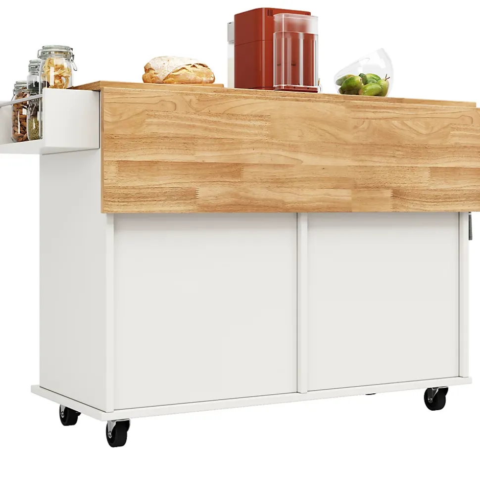 Îlot de Cuisine Mobile avec Plan de Travail et Espace de Rangement, design Compact - Métal + MDF - Blanc - 128x50-78x90,5 cm