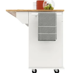 Îlot de Cuisine Mobile avec Plan de Travail et Espace de Rangement, design Compact - Métal + MDF - Blanc - 128x50-78x90,5 cm
