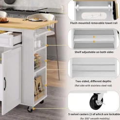 Îlot de Cuisine Mobile avec Table Extensible, Poubelle Intégrée, Porte-Serviette et Prise Électrique, Blanc, 120x40-70x92 cm