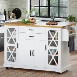 Îlot de Cuisine Mobile avec Roulettes - 4 Portes dont 2 Vitrées, 2 Tiroirs, Étagères Réglables, 120x40x94,5 cm, Blanc
