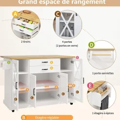 Îlot de Cuisine Mobile avec Roulettes - 4 Portes dont 2 Vitrées, 2 Tiroirs, Étagères Réglables, 120x40x94,5 cm, Blanc