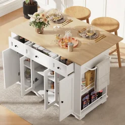 Îlot de Cuisine Mobile avec Plan de Travail, Portes en Verre et Séparateurs Amovibles - MDF et Métal - Blanc 151,5x60-85x91,7 cm