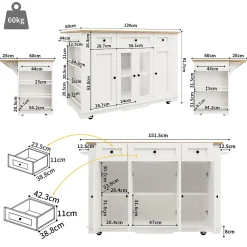 Îlot de Cuisine Mobile avec Plan de Travail, Portes en Verre et Séparateurs Amovibles - MDF et Métal - Blanc 151,5x60-85x91,7 cm