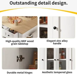 Îlot de Cuisine Mobile avec Plan de Travail, Portes en Verre et Séparateurs Amovibles - MDF et Métal - Blanc 151,5x60-85x91,7 cm