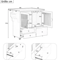 Îlot de Cuisine Mobile Blanc avec Roulettes, Surface Extensible, Rangement Intégré - MDF, 100x42-70x91,5 cm