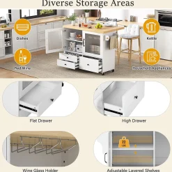 Îlot de Cuisine Mobile Blanc avec Roulettes, Surface Extensible, Rangement Intégré - MDF, 100x42-70x91,5 cm