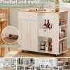 Îlot de cuisine mobile blanc avec plateau en chêne, Rangement modulable, tiroirs et étagères ouvertes, pratique et robuste