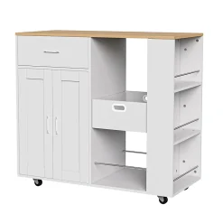Îlot de cuisine mobile blanc avec plateau en chêne, Rangement modulable, tiroirs et étagères ouvertes, pratique et robuste