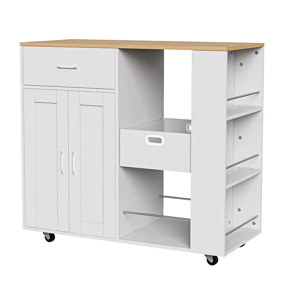 Îlot de cuisine mobile blanc avec plateau en chêne, Rangement modulable, tiroirs et étagères ouvertes, pratique et robuste