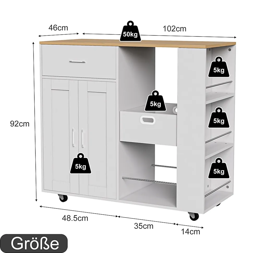 Îlot de cuisine mobile blanc avec plateau en chêne, Rangement modulable, tiroirs et étagères ouvertes, pratique et robuste