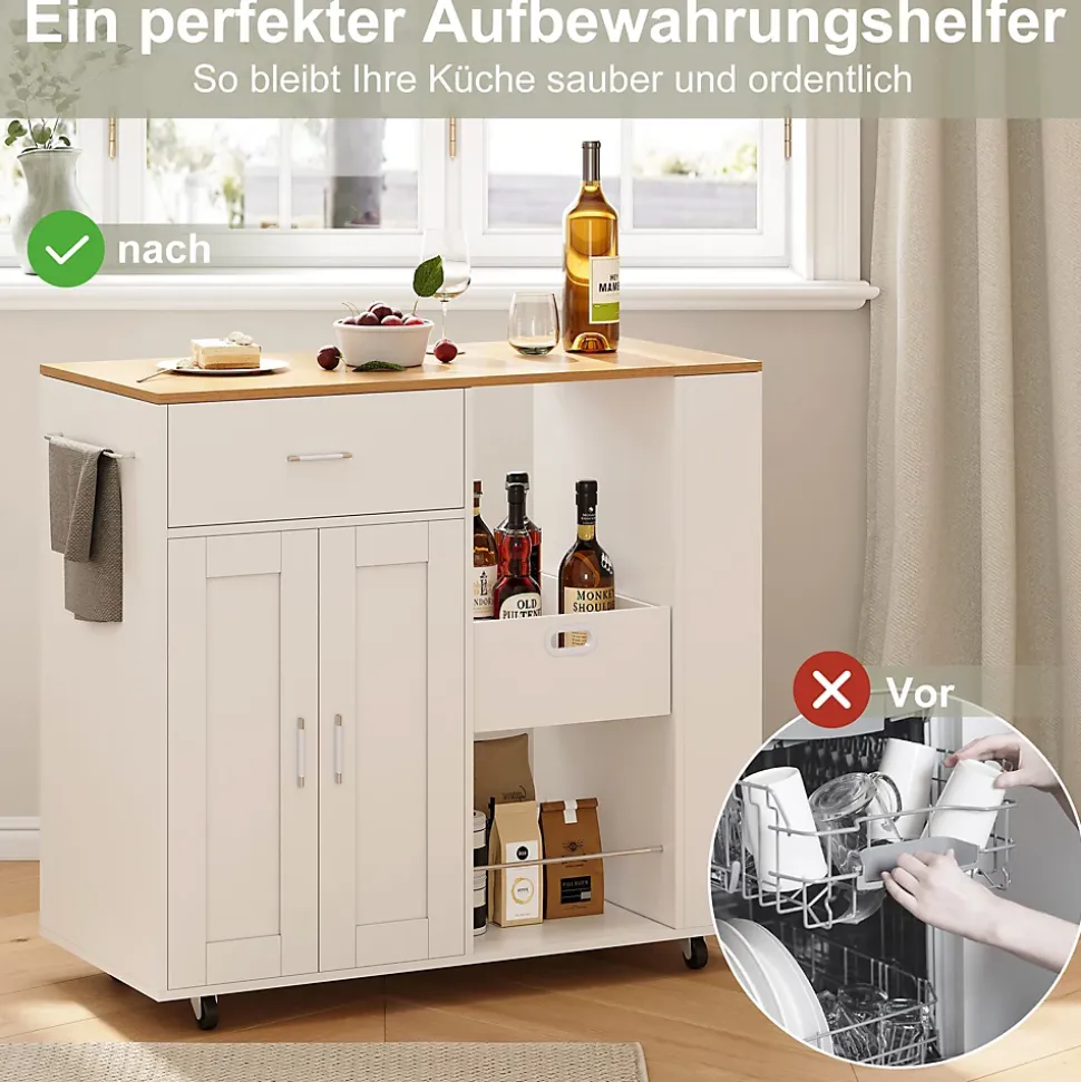 Îlot de cuisine mobile blanc avec plateau en chêne, Rangement modulable, tiroirs et étagères ouvertes, pratique et robuste